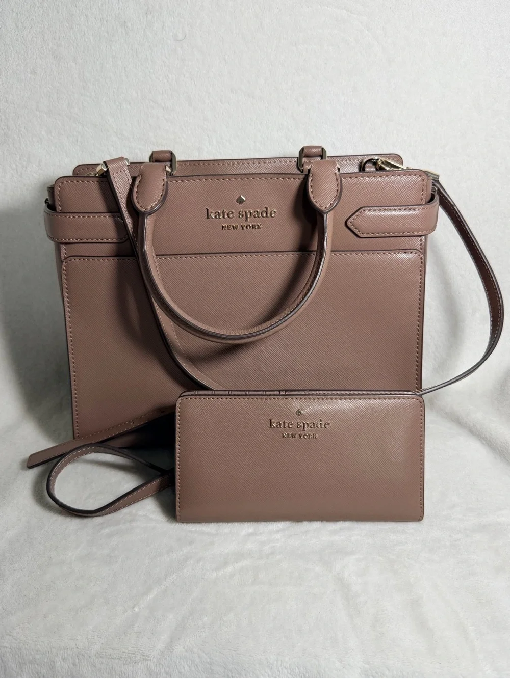 Kate Spade Staci Medium Satchel & Wallet Set Mauve Beige Saffiano